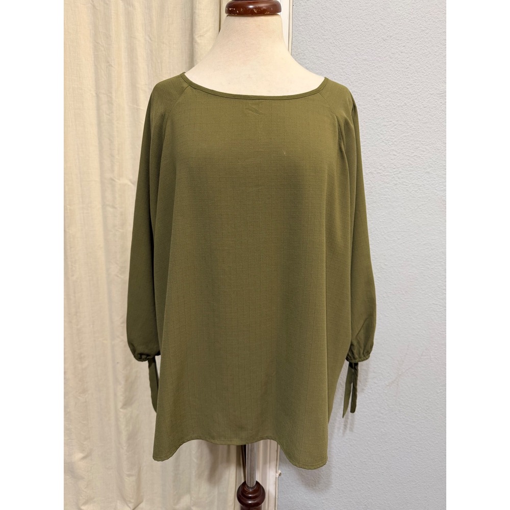 Zenobia Womens Top 3XL Olive Green Raglan Sleeve Tie Cuff Blouse Minimalist